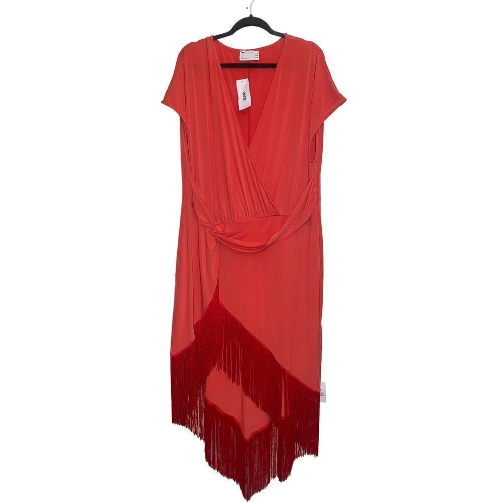 ASOS DESIGN Curve wrap midi dress with fringing detail in burnt orange size 20 N